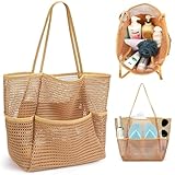 Bolsa de Playa para Mujer, Bolsa de Playa de Malla Bolso de Hombro de Malla Plegable para Mujer con...