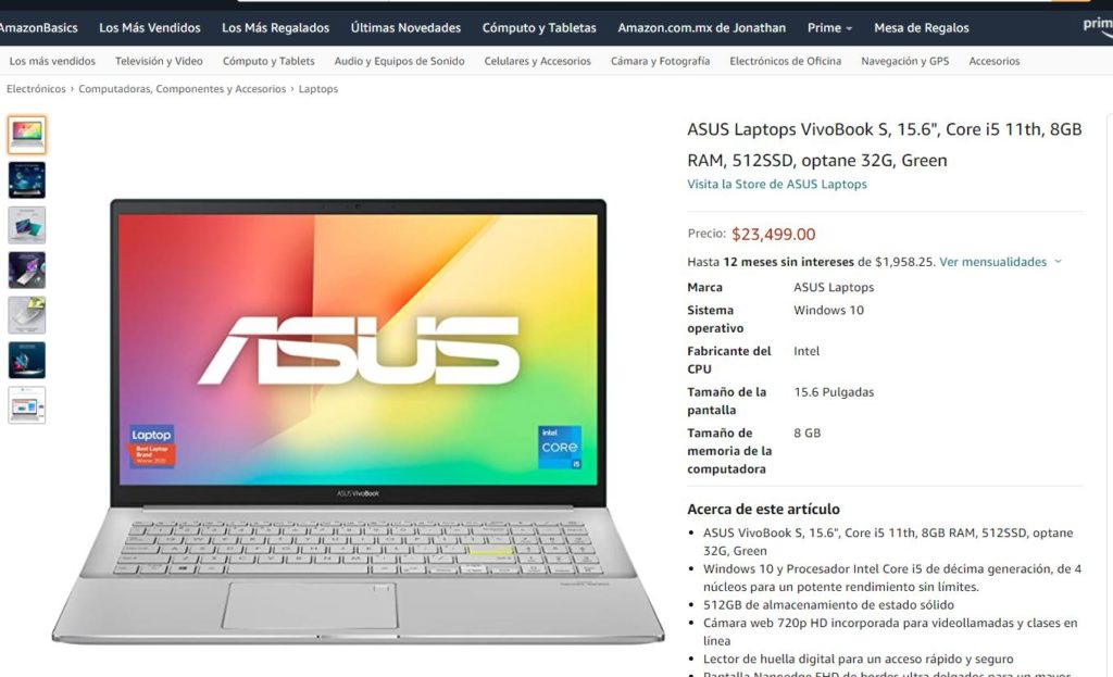 Laptop ASUS VivoBook S15 Intel Core i5 GeForce MX350 Precio Amazon