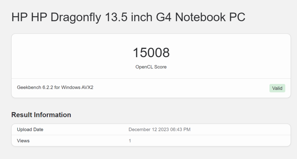 HP Dragonfly G4 Core 13a Gen Review Benchmark Geekbench GPU