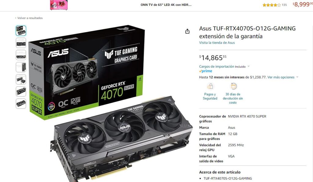 ASUS TUF GeForce RTX 4070 Super Mexico Amazon Precio 